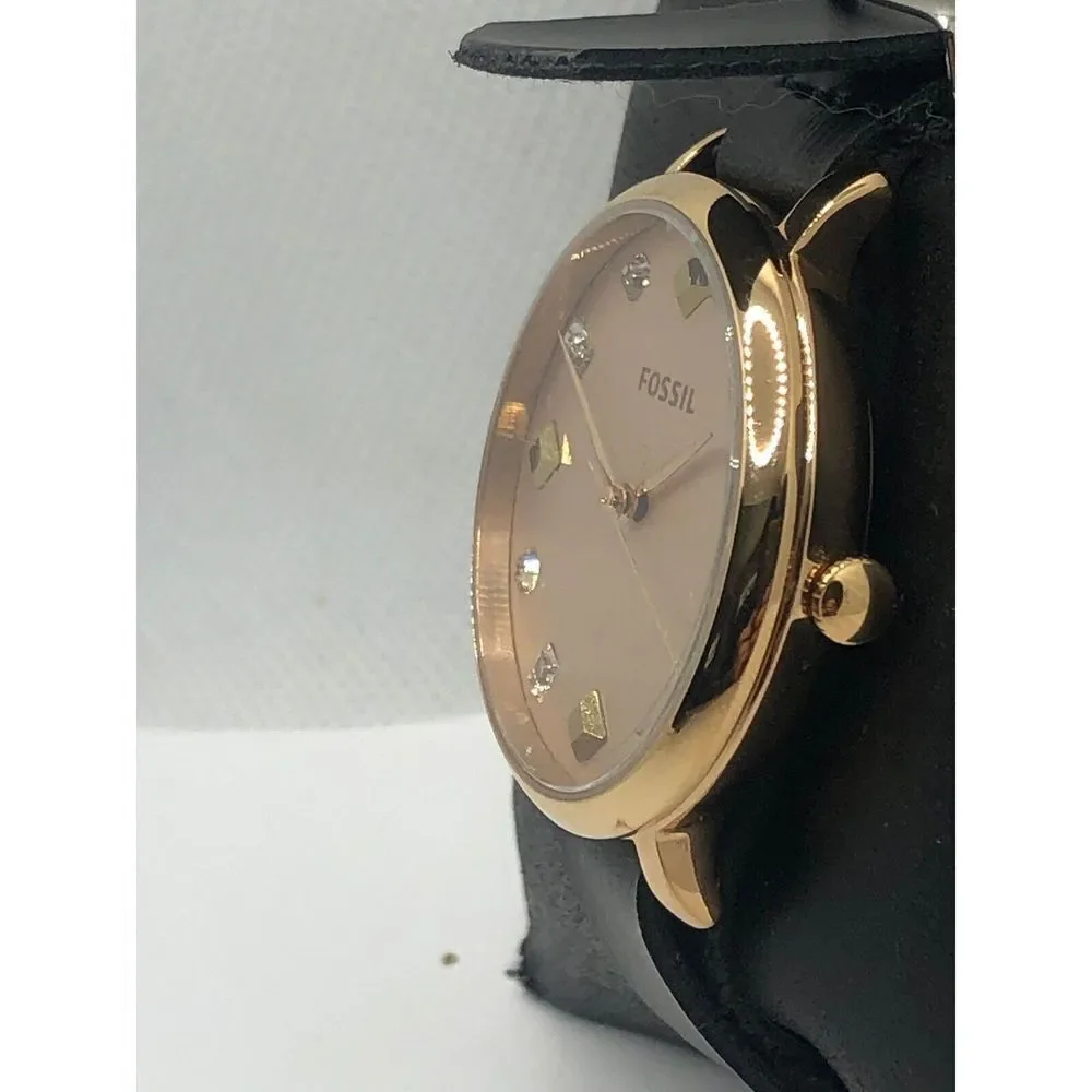 Fossil ES4473 Women's Black Leather Analog Pink Dial Quartz Genuine Watch OP64